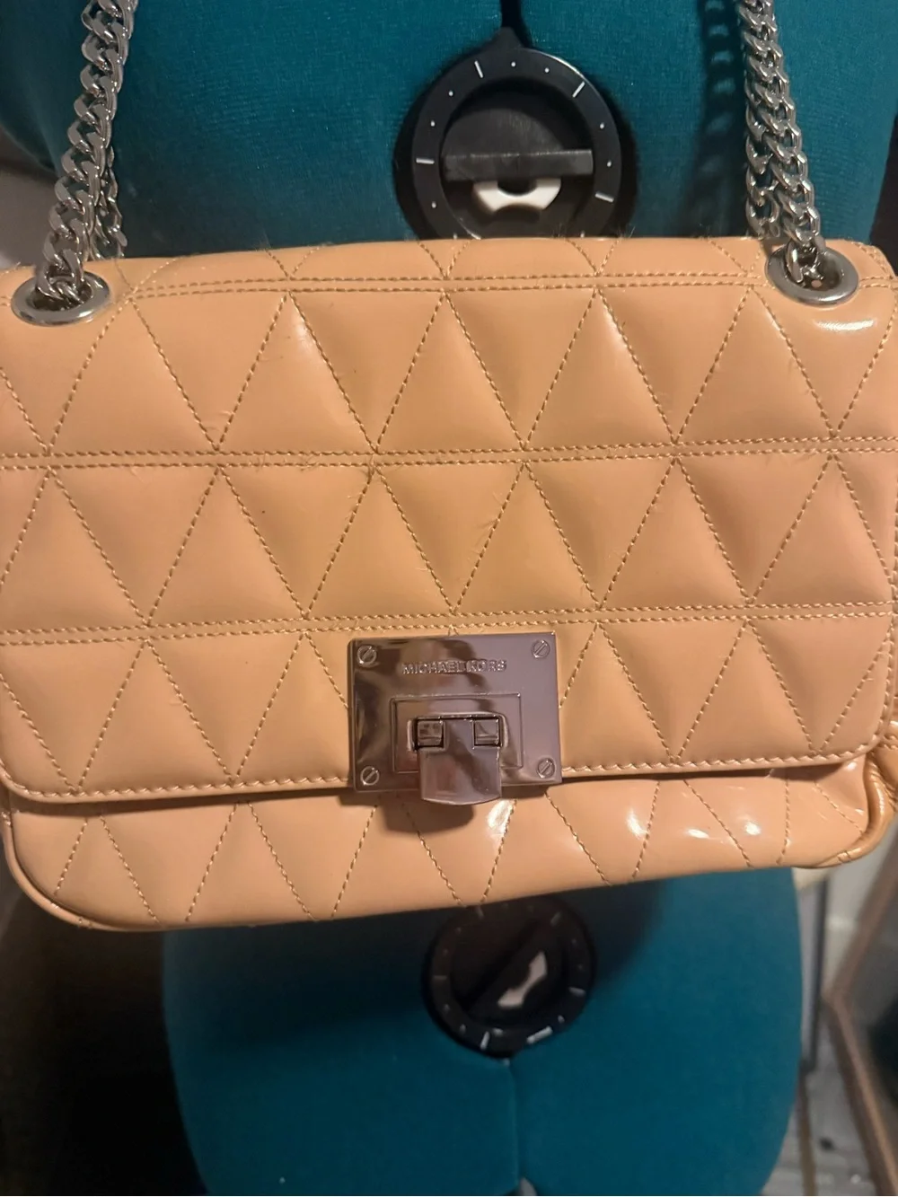 Michael Kors Quilted Beige Shoulder Bag with Silver Chain